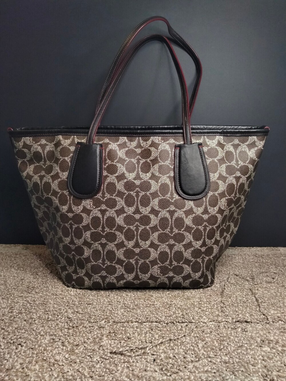 Coach Signature City Tote Bag Canvas Brown Black - Leather Handles Purse